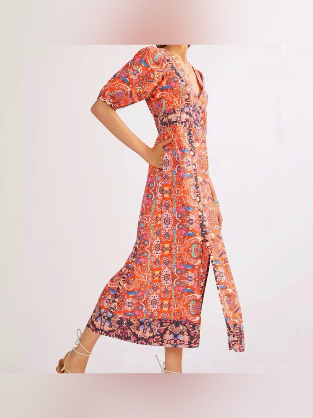 RARE Anthropologie Orange Paisley V-Neck Maxi Style Dress NWT